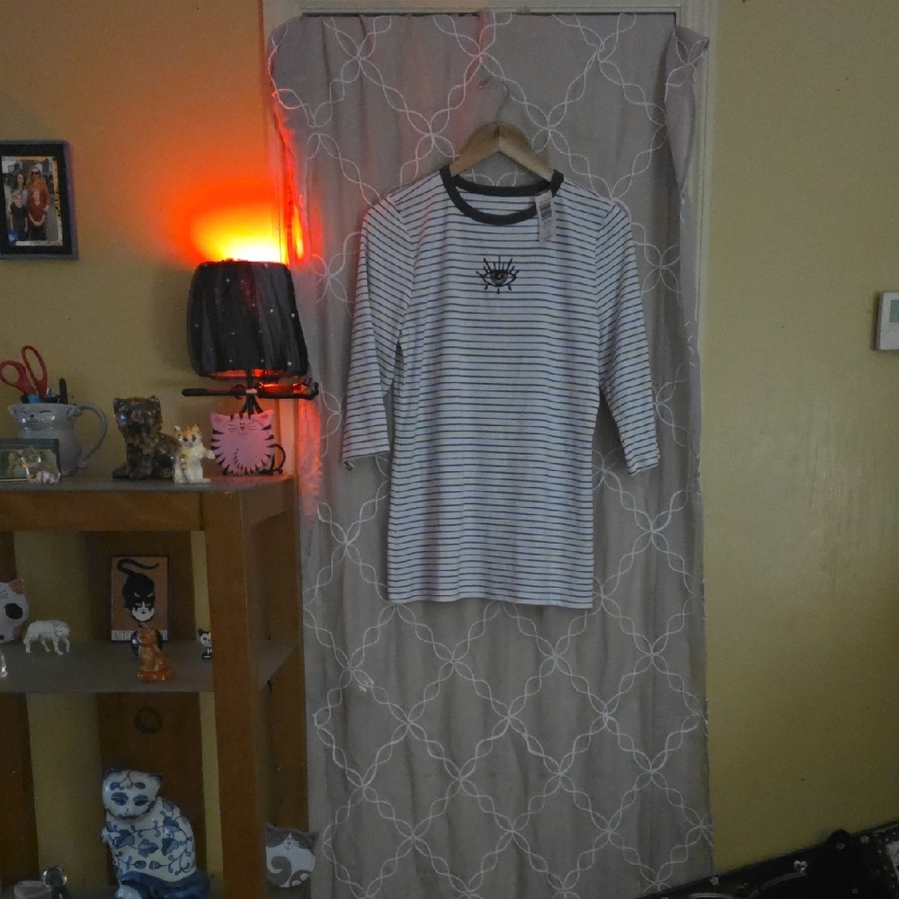 NWT Torrid Dark Grey and White Striped Top With Embroidered Eyeball Detail